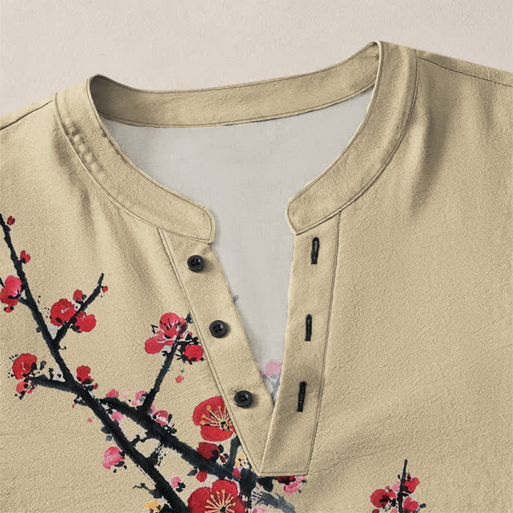 Buddha Stones Cotton Eastern Seal Plum Pattern V-Neck Buttons Men's Long Sleeve Shirts - image 11