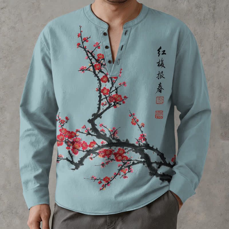Buddha Stones Cotton Eastern Seal Plum Pattern V-Neck Buttons Men's Long Sleeve Shirts - image 15