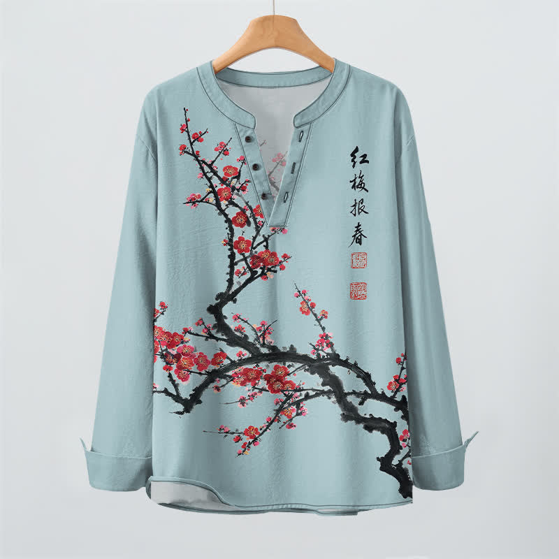 Buddha Stones Cotton Eastern Seal Plum Pattern V-Neck Buttons Men's Long Sleeve Shirts - image 16
