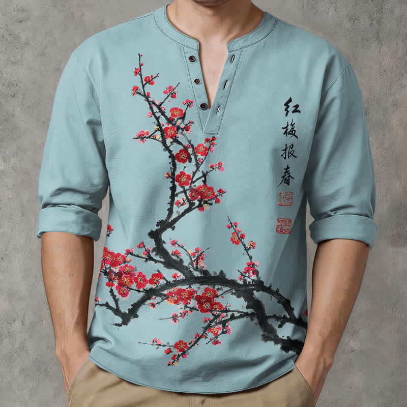 Buddha Stones Cotton Eastern Seal Plum Pattern V-Neck Buttons Men's Long Sleeve Shirts - LightBlue - US/UK/AU48，EU58 (4XL) - image 14