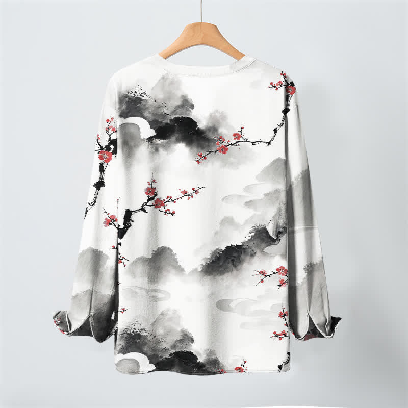 Buddha Stones Cotton Zen Landscape Blossom Pattern V-Neck Buttons Men's Long Sleeve Shirts - image 3