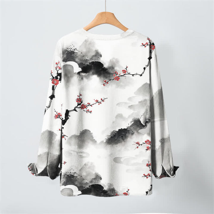 Buddha Stones Cotton Zen Landscape Blossom Pattern V-Neck Buttons Men's Long Sleeve Shirts - image 3