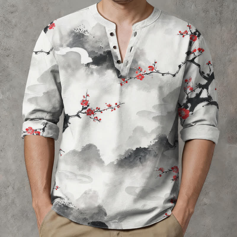 Buddha Stones Cotton Zen Landscape Blossom Pattern V-Neck Buttons Men's Long Sleeve Shirts - image 1