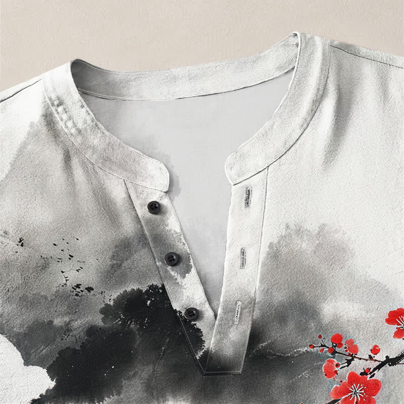 Buddha Stones Cotton Zen Landscape Blossom Pattern V-Neck Buttons Men's Long Sleeve Shirts - image 4