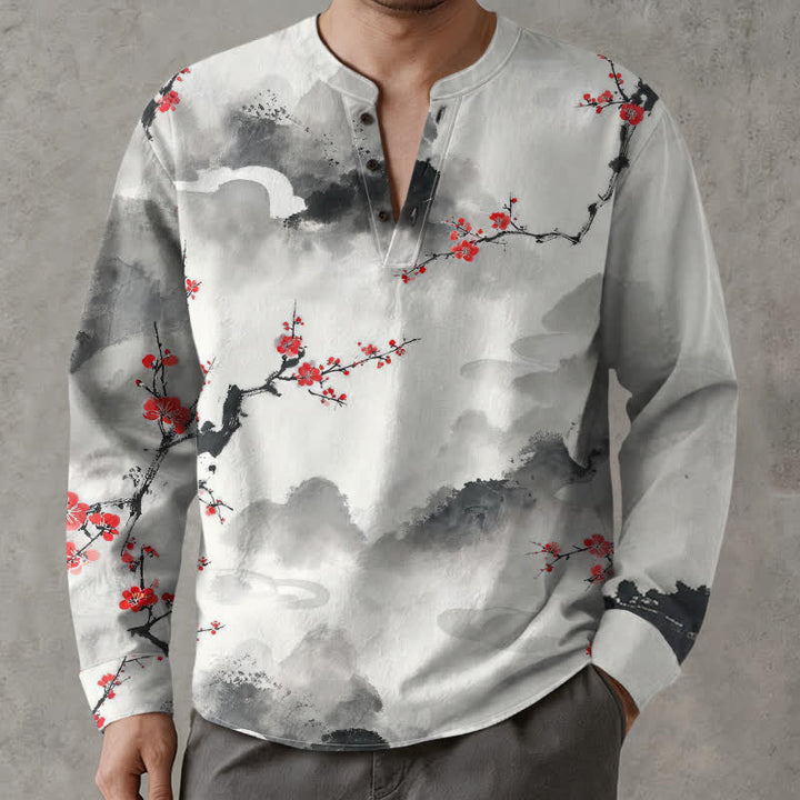 Buddha Stones Cotton Zen Landscape Blossom Pattern V-Neck Buttons Men's Long Sleeve Shirts - Silver - US/UK/AU48，EU58 (4XL) - image 0