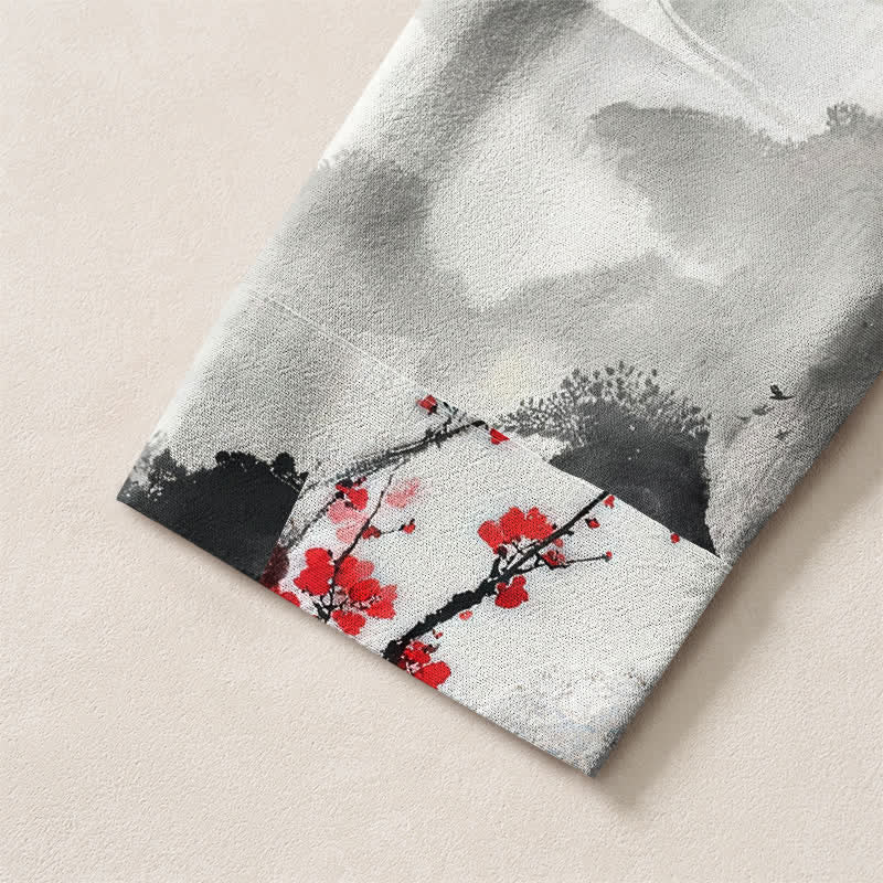 Buddha Stones Cotton Zen Landscape Blossom Pattern V-Neck Buttons Men's Long Sleeve Shirts - image 5