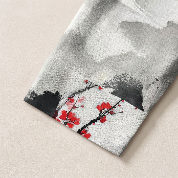 Buddha Stones Cotton Zen Landscape Blossom Pattern V-Neck Buttons Men's Long Sleeve Shirts - image 5