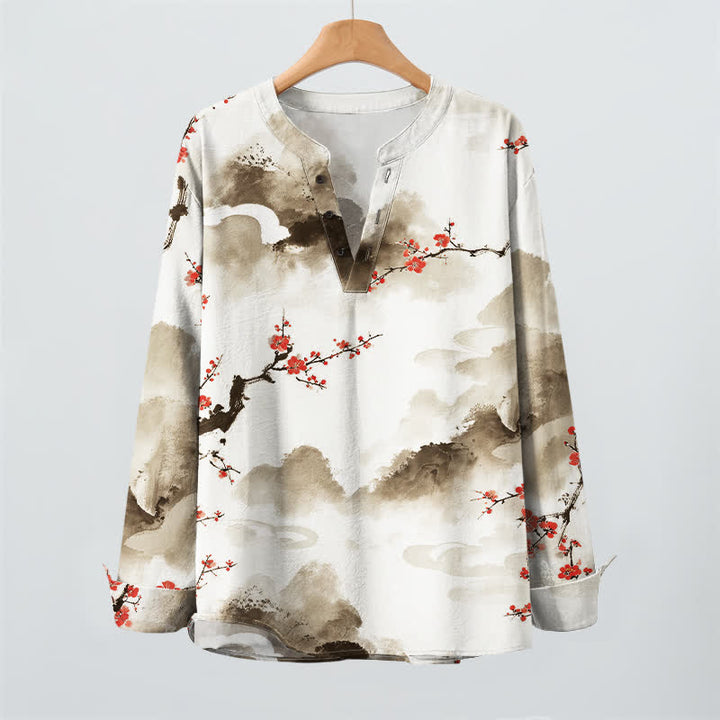 Buddha Stones Cotton Zen Landscape Blossom Pattern V-Neck Buttons Men's Long Sleeve Shirts - image 9