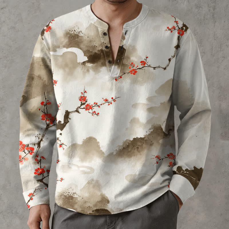 Buddha Stones Cotton Zen Landscape Blossom Pattern V-Neck Buttons Men's Long Sleeve Shirts - Tan - US/UK/AU48，EU58 (4XL) - image 7