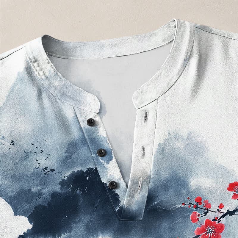 Buddha Stones Cotton Zen Landscape Blossom Pattern V-Neck Buttons Men's Long Sleeve Shirts - image 18