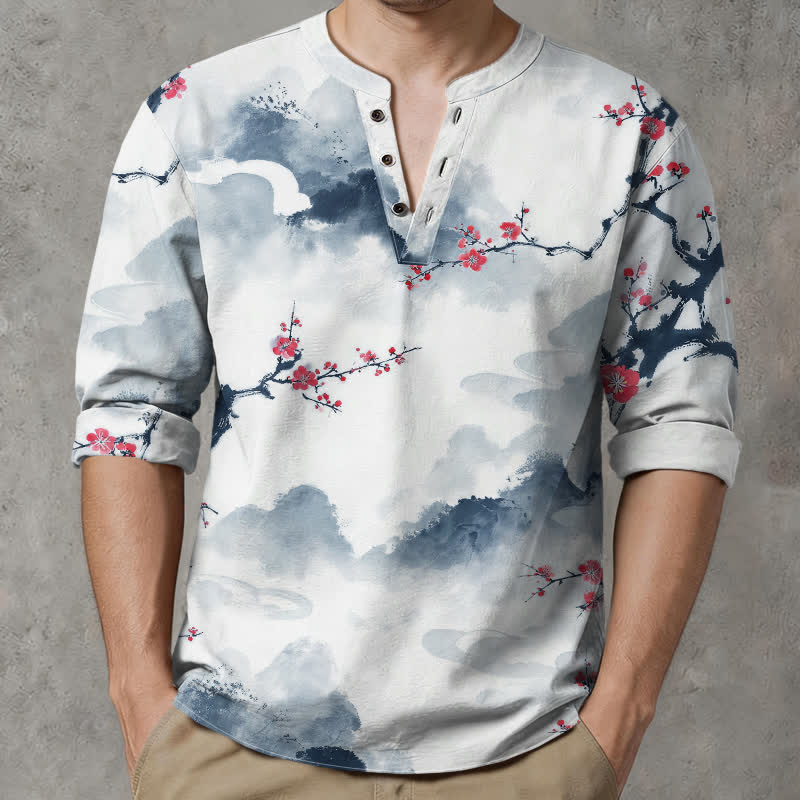 Buddha Stones Cotton Zen Landscape Blossom Pattern V-Neck Buttons Men's Long Sleeve Shirts - image 15