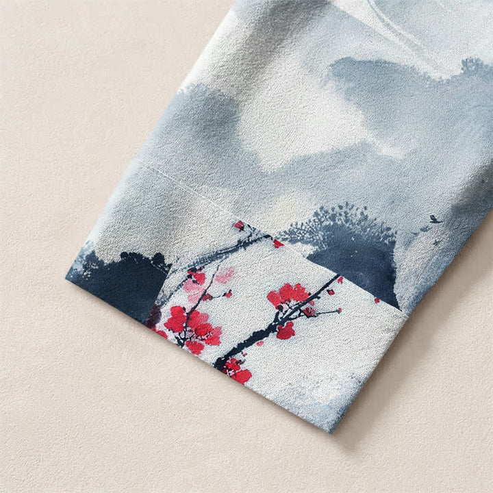 Buddha Stones Cotton Zen Landscape Blossom Pattern V-Neck Buttons Men's Long Sleeve Shirts - image 19