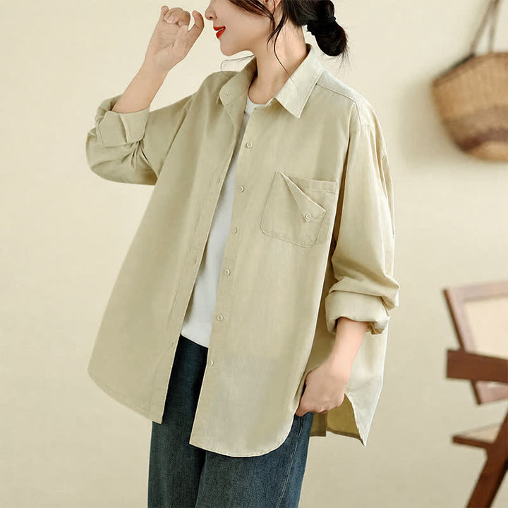 Buddha Stones Fall Casual Minimalist Button-Up Solid Cotton Women's Jacket With Pocket - Beige - US4-12, UK/AU8-16, EU36-44 (F) - image 16