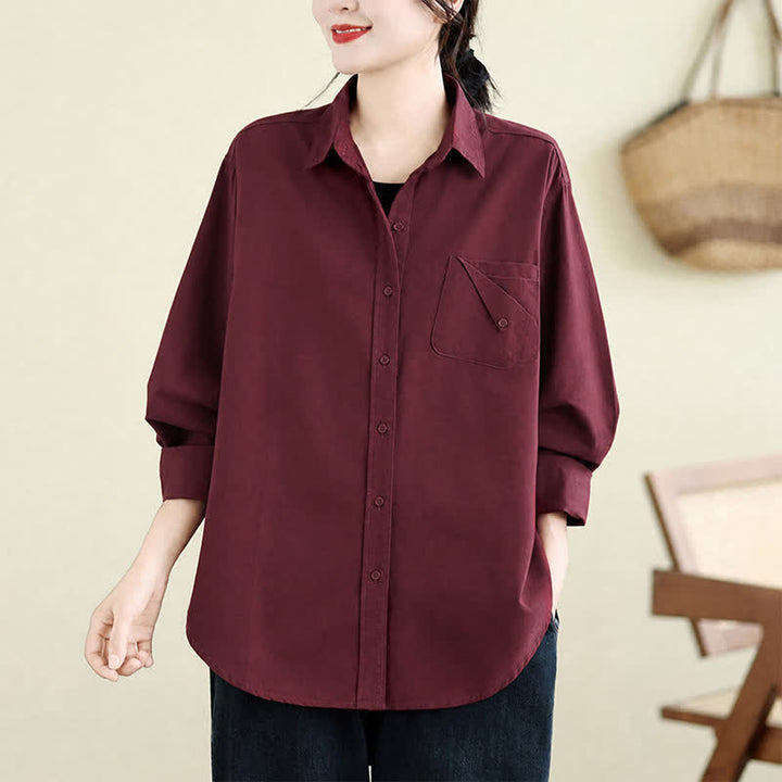 Buddha Stones Fall Casual Minimalist Button-Up Solid Cotton Women's Jacket With Pocket - Maroon - US4-12, UK/AU8-16, EU36-44 (F) - image 10