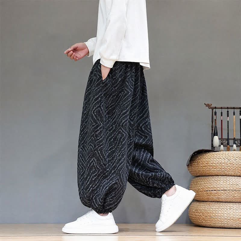 Buddha Stones Fall Winter Casual Boho Drawstring Abstract Lines Cropped Pants Corduroy Men's Harem Pants With Pockets - image 14