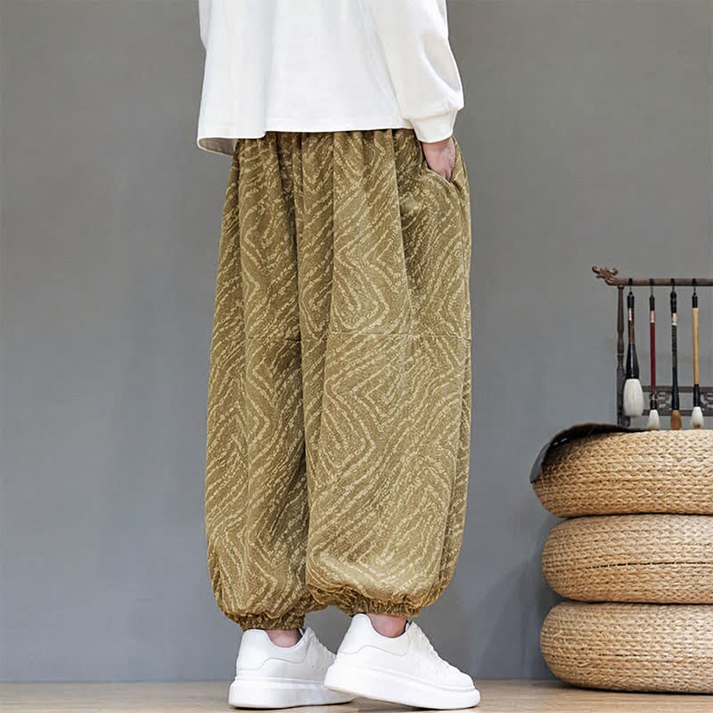 Buddha Stones Fall Winter Casual Boho Drawstring Abstract Lines Cropped Pants Corduroy Men's Harem Pants With Pockets - image 6