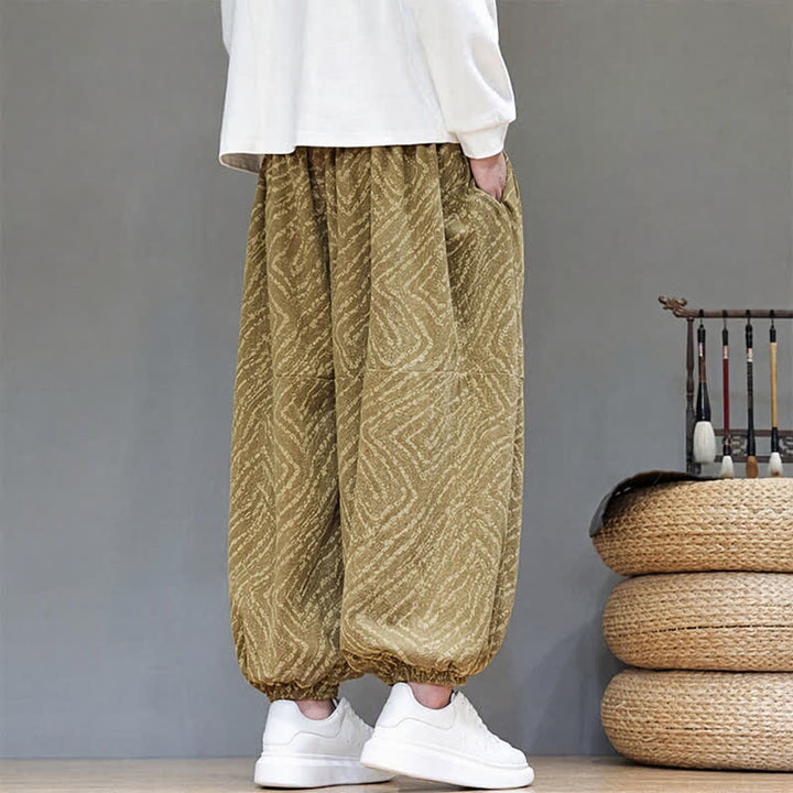 Buddha Stones Fall Winter Casual Boho Drawstring Abstract Lines Cropped Pants Corduroy Men's Harem Pants With Pockets - image 6