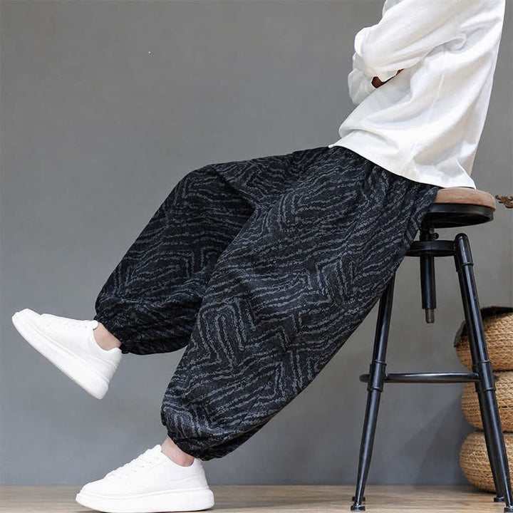 Buddha Stones Fall Winter Casual Boho Drawstring Abstract Lines Cropped Pants Corduroy Men's Harem Pants With Pockets - image 17