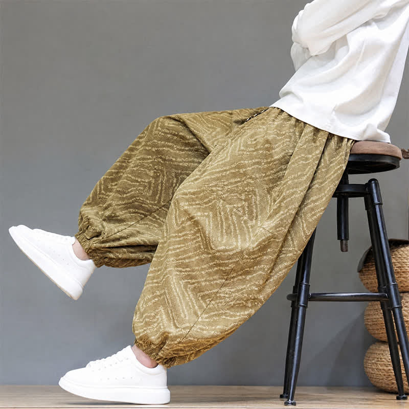 Buddha Stones Fall Winter Casual Boho Drawstring Abstract Lines Cropped Pants Corduroy Men's Harem Pants With Pockets - image 8
