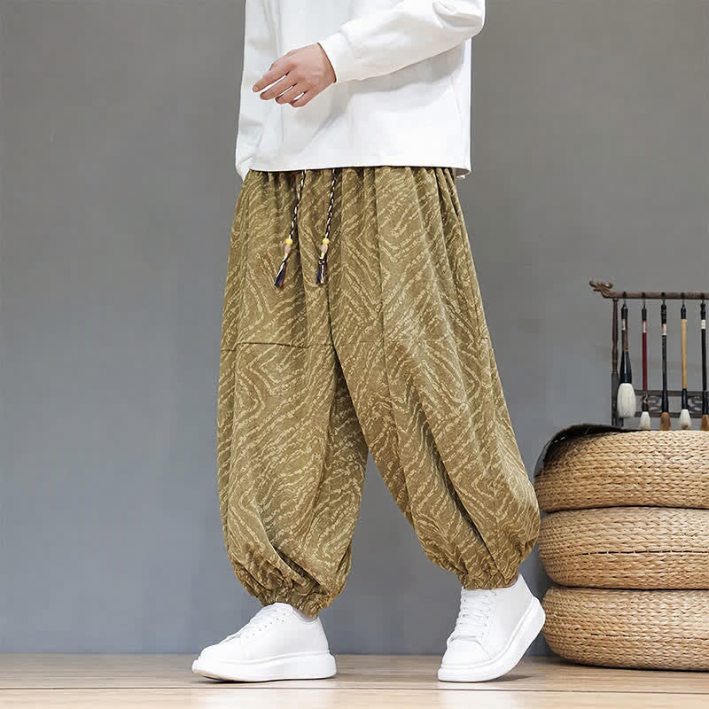Buddha Stones Fall Winter Casual Boho Drawstring Abstract Lines Cropped Pants Corduroy Men's Harem Pants With Pockets - DarkKhaki - US/UK/AU46, EU56 (5XL) - image 0