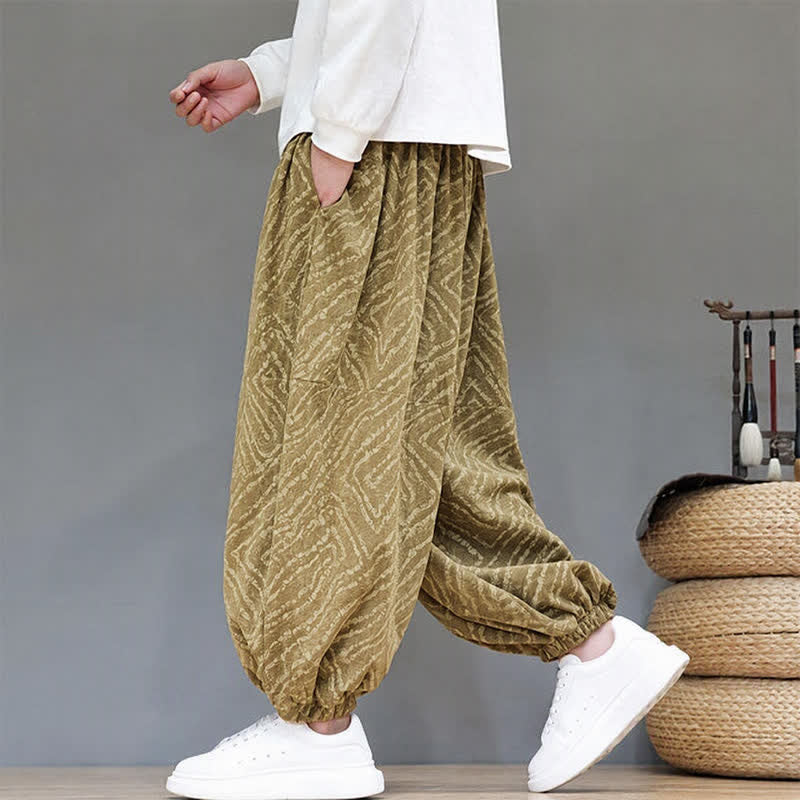 Buddha Stones Fall Winter Casual Boho Drawstring Abstract Lines Cropped Pants Corduroy Men's Harem Pants With Pockets - image 3