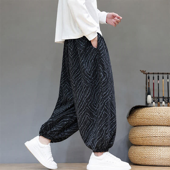 Buddha Stones Fall Winter Casual Boho Drawstring Abstract Lines Cropped Pants Corduroy Men's Harem Pants With Pockets - image 15