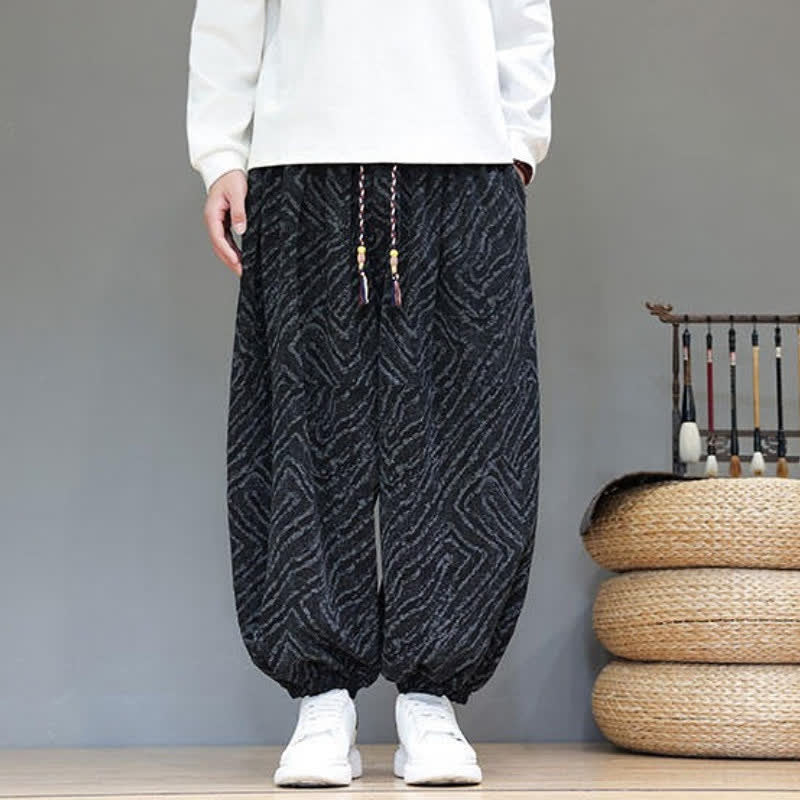 Buddha Stones Fall Winter Casual Boho Drawstring Abstract Lines Cropped Pants Corduroy Men's Harem Pants With Pockets - image 16