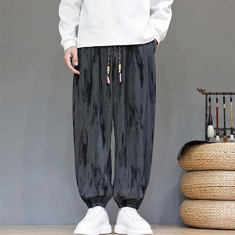 Buddha Stones Fall Winter Casual Drawstring Stripes Cropped Pants Corduroy Men's Harem Pants With Pockets - Black - US/UK/AU46, EU56 (5XL) - image 9