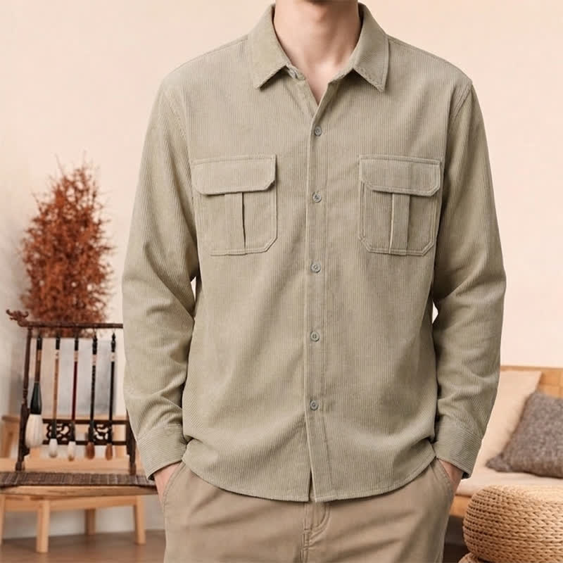 Buddha Stones Fall Casual Solid Corduroy Men's Long Sleeve Shirts With Patch Pockets - Wheat - US/UK/AU44, EU54 (4XL) - image 0