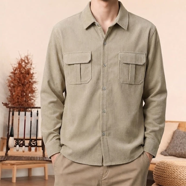 Buddha Stones Fall Casual Solid Corduroy Men's Long Sleeve Shirts With Patch Pockets - Wheat - US/UK/AU44, EU54 (4XL) - image 0