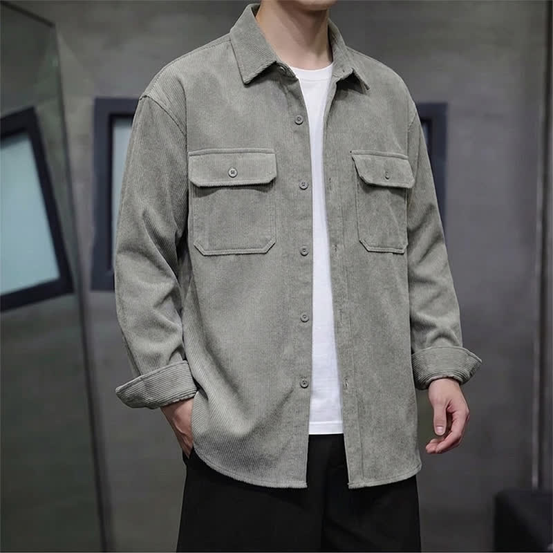 Buddha Stones Fall Casual Solid Corduroy Men's Long Sleeve Shirts With Patch Pockets - image 9