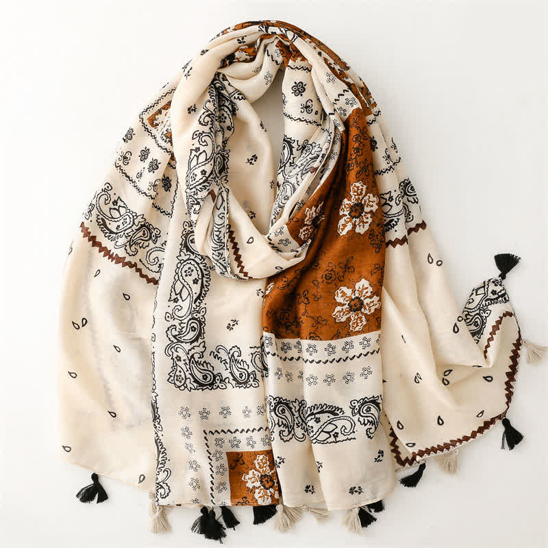 Buddha Stones Spring Fall Boho Paisley Patchwork Tassel Women's Scarf - AntiqueWhite - image 0