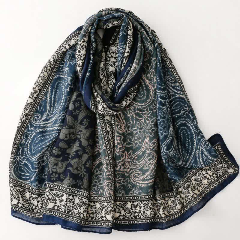 Buddha Stones Fall Winter Paisley Floral Border Print Soft Women's Scarf - Navy - image 0