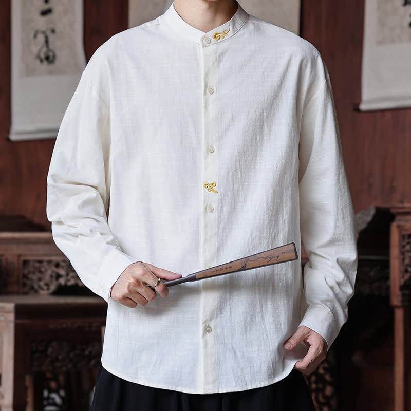 Buddha Stones Spring Summer Tang Style Minimalist Mandarin Collar Embroidery Solid Men's Long Sleeve Shirts - image 4