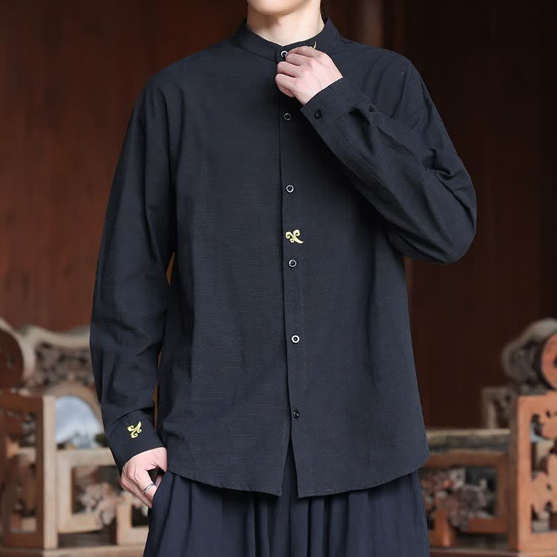 Buddha Stones Spring Summer Tang Style Minimalist Mandarin Collar Embroidery Solid Men's Long Sleeve Shirts - image 14