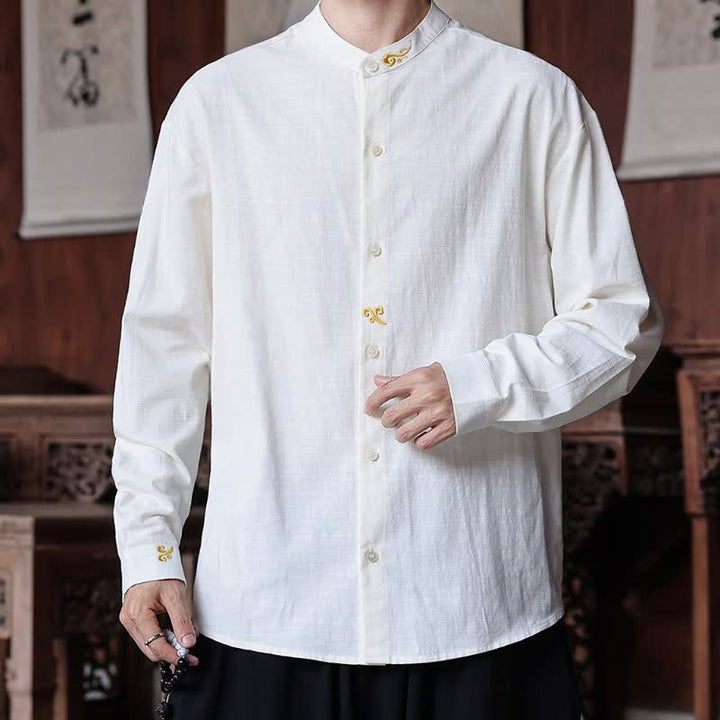Buddha Stones Spring Summer Tang Style Minimalist Mandarin Collar Embroidery Solid Men's Long Sleeve Shirts - image 3