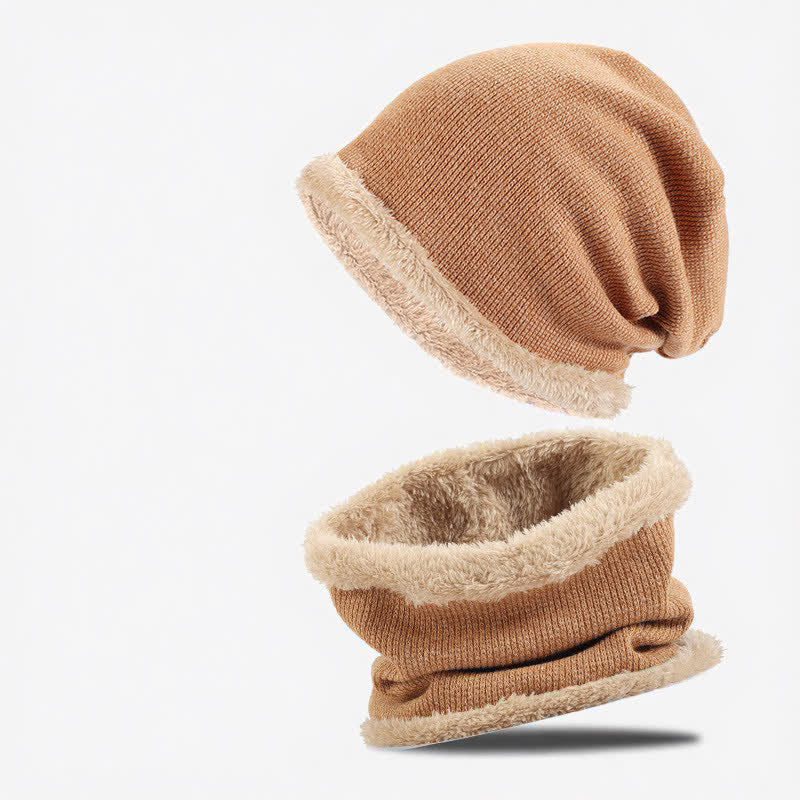 Buddha Stones 2Pcs Fall Winter Knit Plush Lined Slouchy Neck Warmer Men's Scarf Hat - SandyBrown - image 8