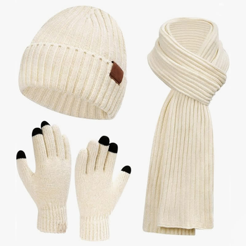 Buddha Stones 3Pcs Fall Winter Ribbed Knit Cozy Women's Scarf Hat Gloves - Ivory - image 1
