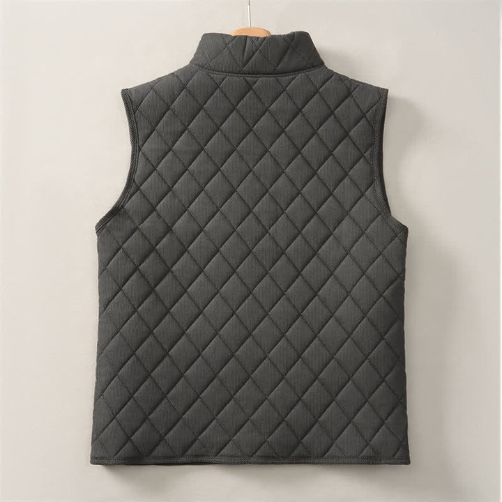 Buddha Stones Winter Casual Mandarin Collar Diamond-shaped Design Zipper Solid Tank Top Men's Vest With Pockets - image 1