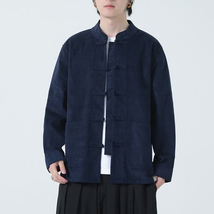 Buddha Stones Fall Winter Casual Tang Style Frog Button Solid Corduroy Men's Jacket With Pockets - image 1