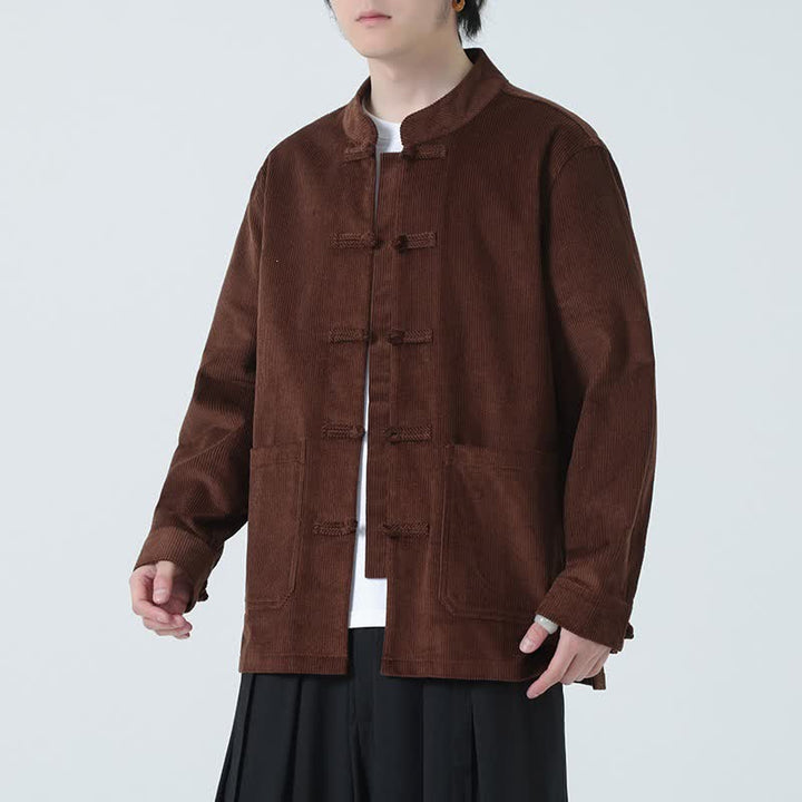 Buddha Stones Fall Winter Casual Tang Style Frog Button Solid Corduroy Men's Jacket With Pockets - SaddleBrown - US/UK/AU46，EU56 (5XL) - image 21