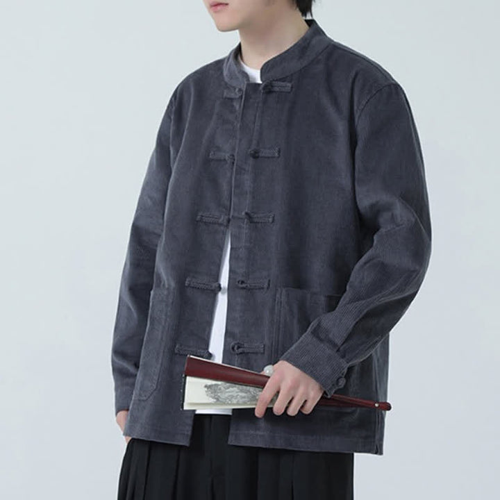 Buddha Stones Fall Winter Casual Tang Style Frog Button Solid Corduroy Men's Jacket With Pockets - image 10