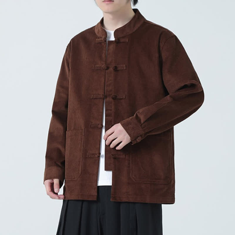 Buddha Stones Fall Winter Casual Tang Style Frog Button Solid Corduroy Men's Jacket With Pockets - image 26