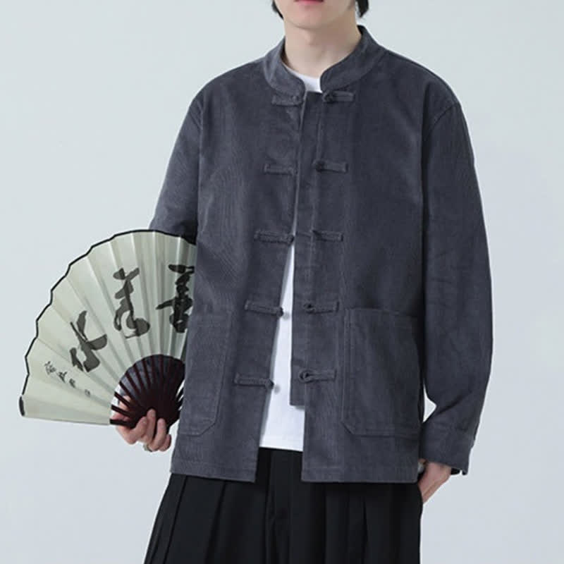 Buddha Stones Fall Winter Casual Tang Style Frog Button Solid Corduroy Men's Jacket With Pockets - image 12
