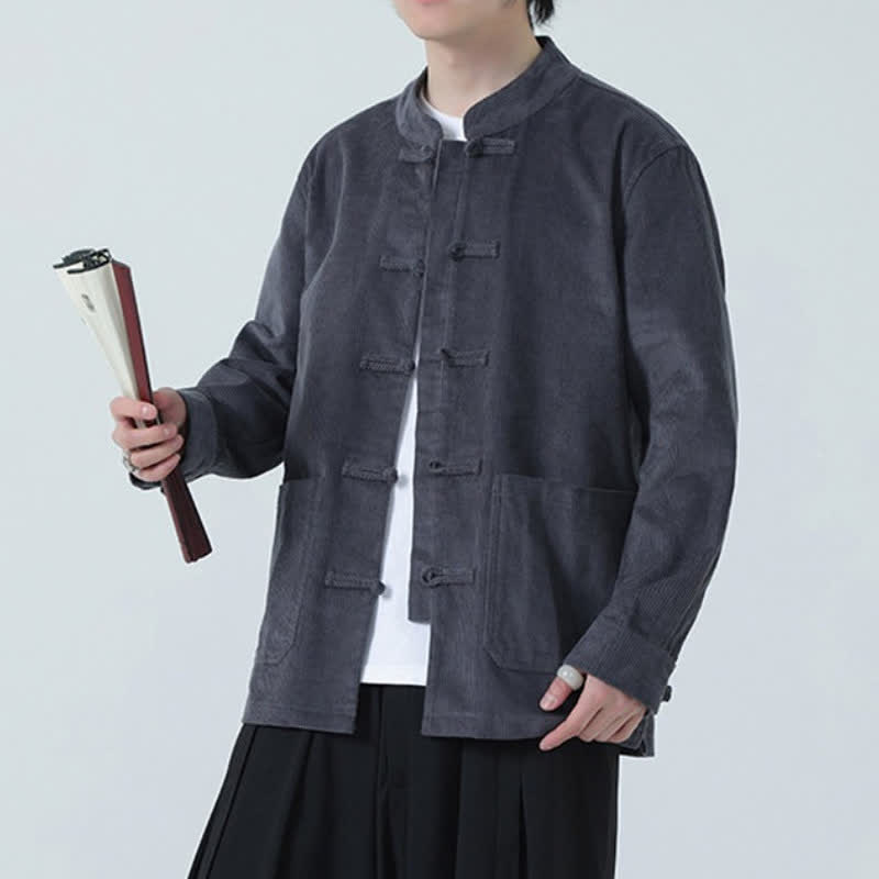 Buddha Stones Fall Winter Casual Tang Style Frog Button Solid Corduroy Men's Jacket With Pockets - image 13