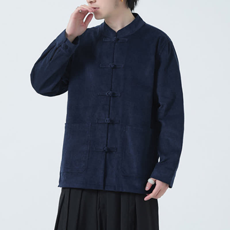 Buddha Stones Fall Winter Casual Tang Style Frog Button Solid Corduroy Men's Jacket With Pockets - image 3
