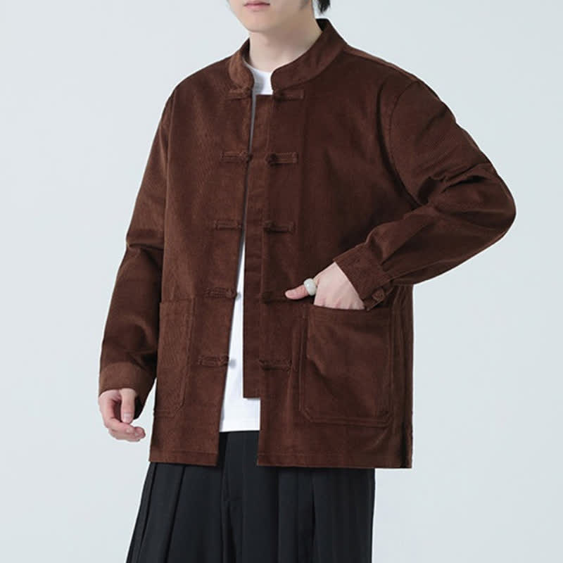 Buddha Stones Fall Winter Casual Tang Style Frog Button Solid Corduroy Men's Jacket With Pockets - image 23