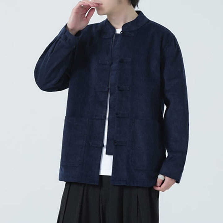 Buddha Stones Fall Winter Casual Tang Style Frog Button Solid Corduroy Men's Jacket With Pockets - image 6