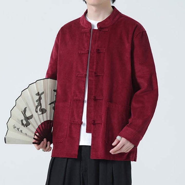 Buddha Stones Fall Winter Casual Tang Style Frog Button Solid Corduroy Men's Jacket With Pockets - image 19