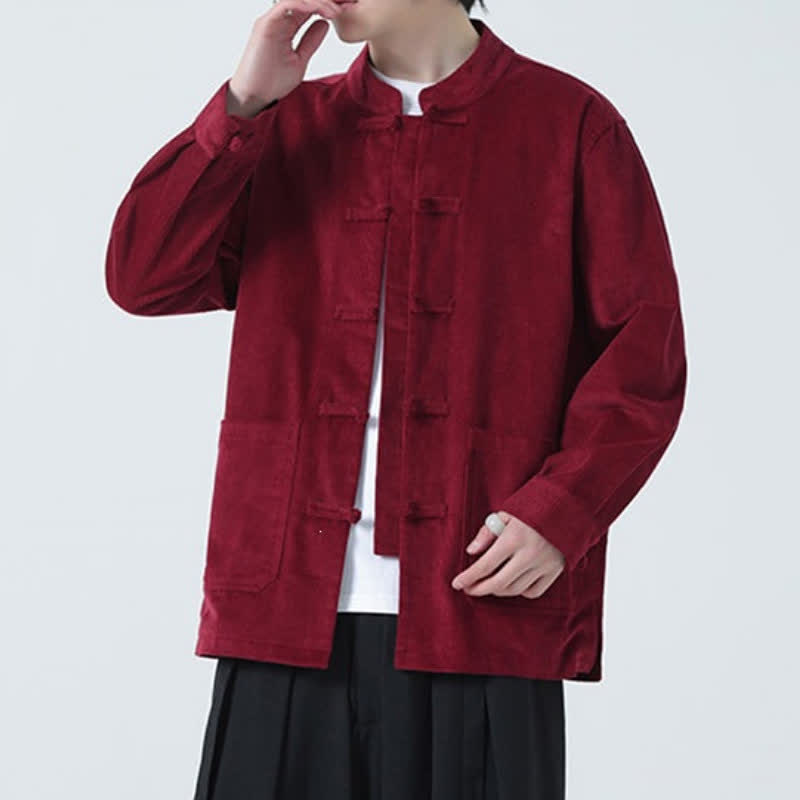 Buddha Stones Fall Winter Casual Tang Style Frog Button Solid Corduroy Men's Jacket With Pockets - image 15